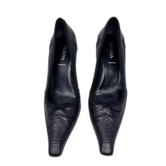 Vintage Prada Brogue Kitten Heel Pumps Black Leather Square Toe Size 39 - Picture 2 of 10